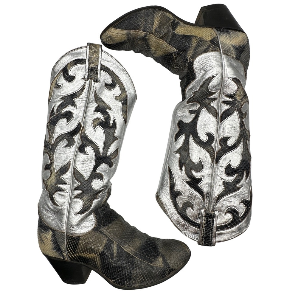 VTG Larry Mahan Snakeskin Metallic Silver Cowboy Boots 5.5B Western Exotic Texas